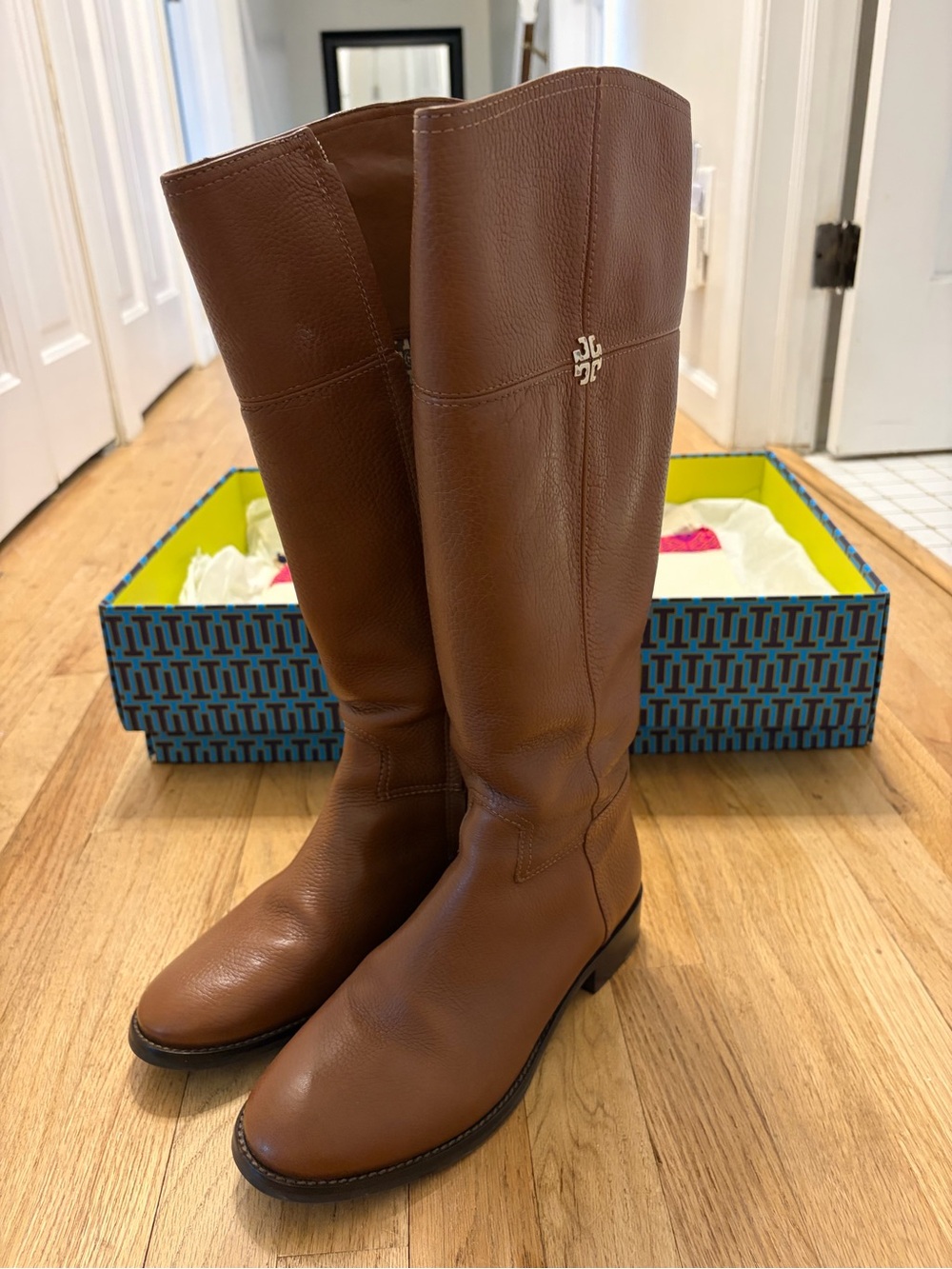 Tory Burch Chestnut Brown Leather Knee-High Boots with Gold Logo - Picture 4 of 15